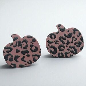Leopard Print Pumpkin Stud Earrings Polymer Clay Fall Autumn Jewelry